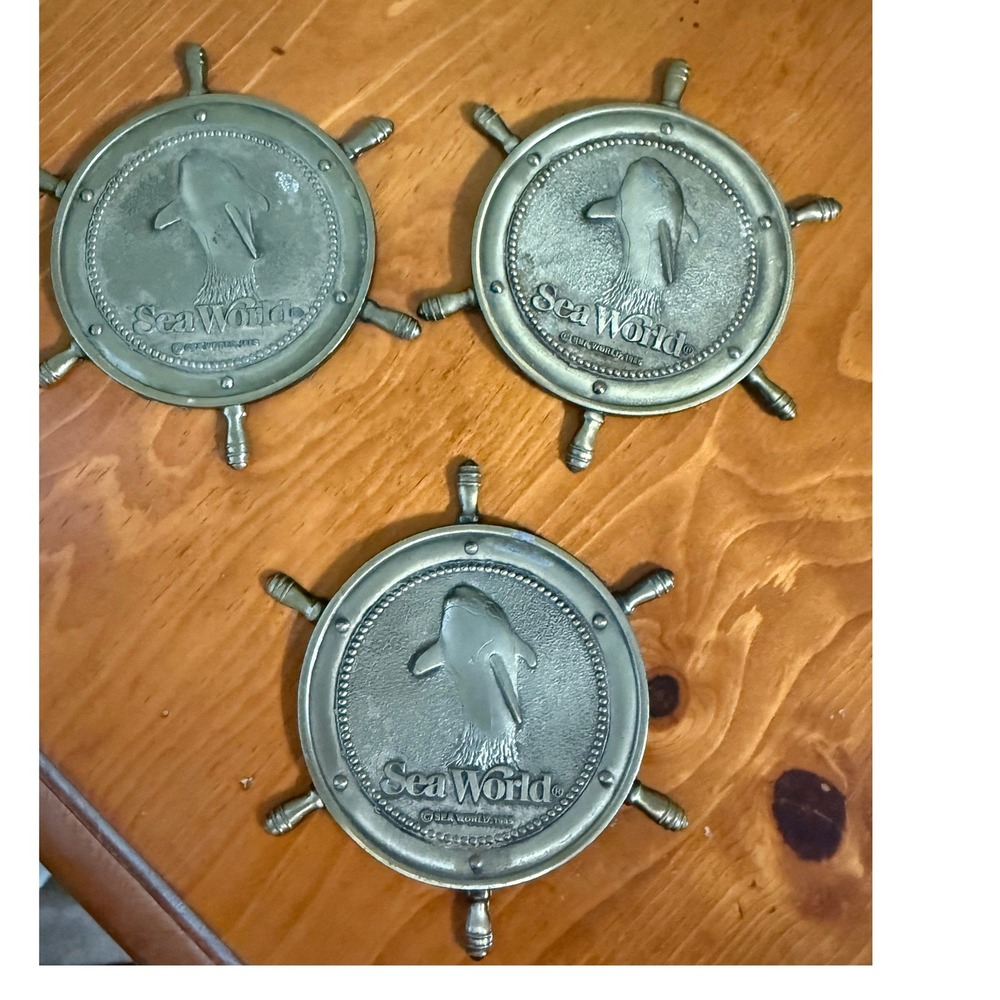 Sea World Coaster Set Of 3 Metal Drink Coasters Made In USA 1985 Nautical Wheel